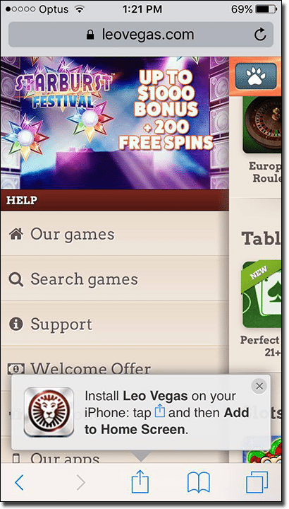 Install the Leo Vegas mobile web app